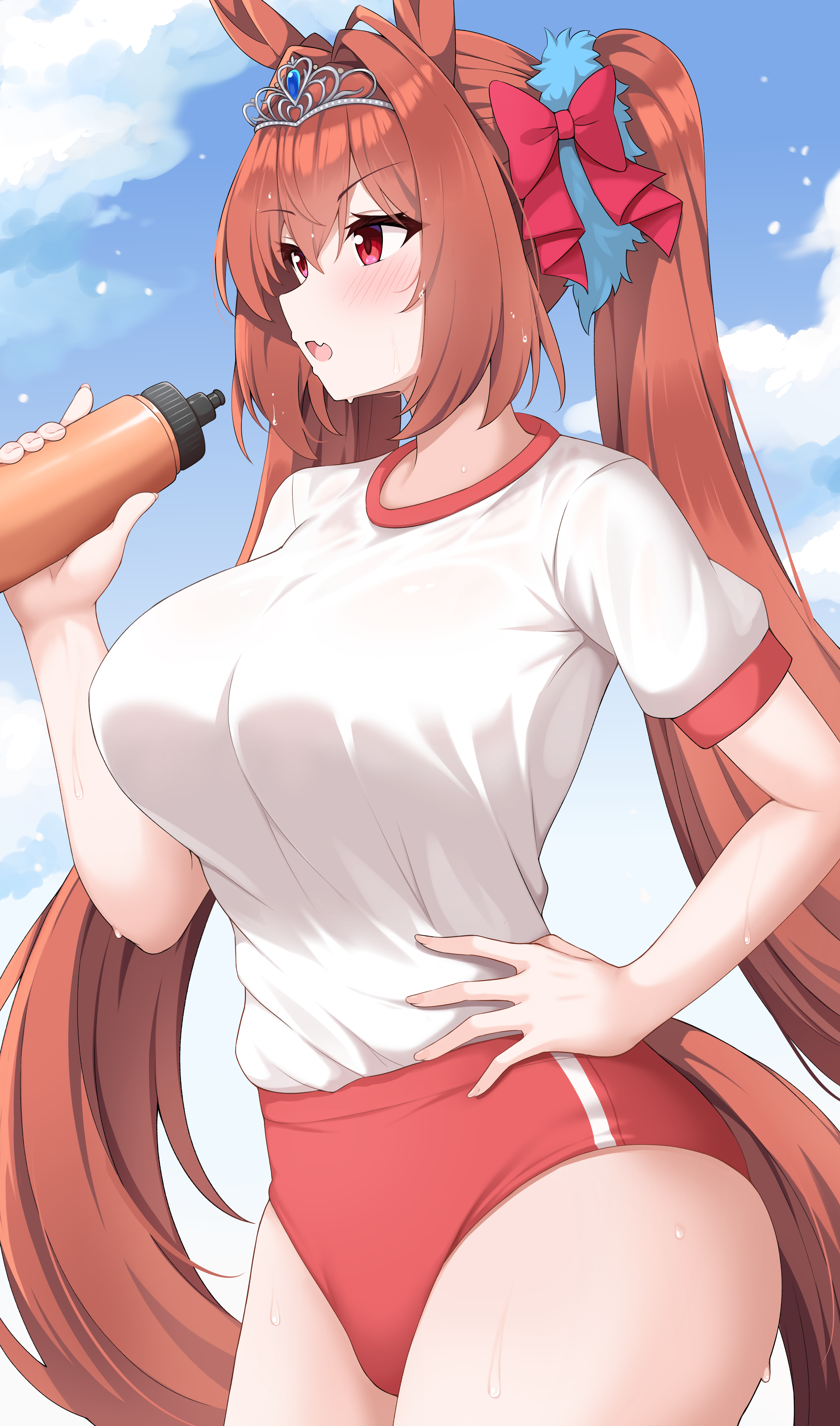 enru, daiwa scarlet (umamusume), umamusume, absurdres, commentary, highres, 1girl, animal ears, antenna hair, blue sky, blush, bow, breasts, brown hair, brown tail, buruma, cloud, cloudy sky, day, fang, gym shirt, gym uniform, hair bow, hair intakes, hair ornament, hand on own hip, holding tumbler, horse ears, horse girl, horse tail, large breasts, long hair, open mouth, red bow, red buruma, red eyes, shirt, short sleeves, skin fang, sky, solo, sweat, tail, thighs, tiara, twintails, white shirt