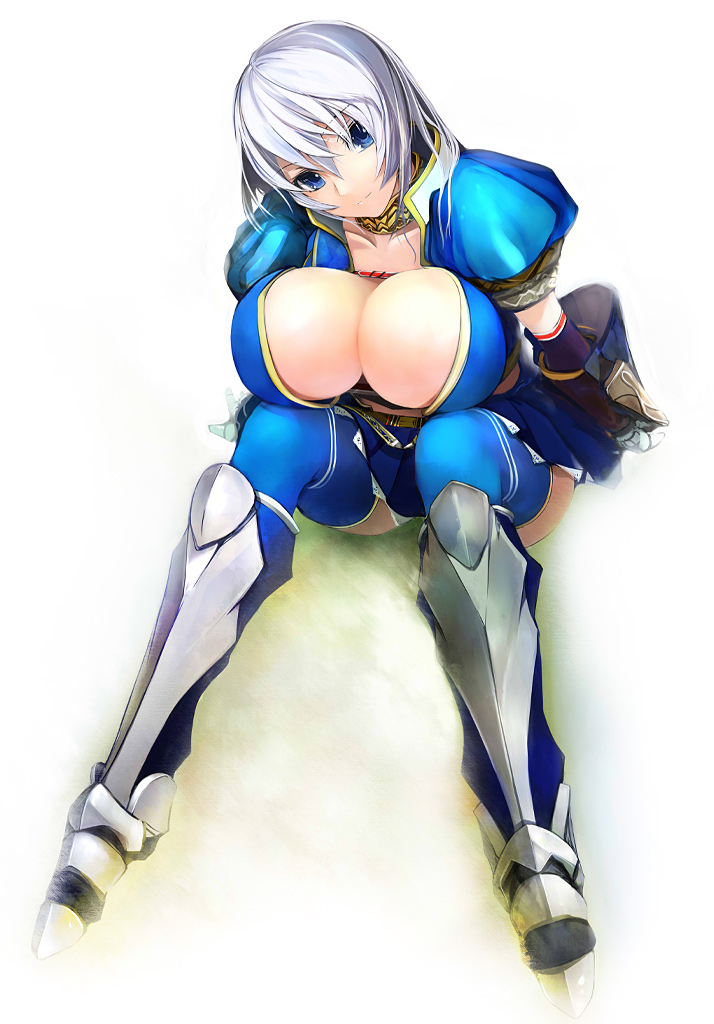 pupps, capcom, monster hunter (series), monster hunter frontier, 1girl, armor, azure (armor), belt bra, blue eyes, blue thighhighs, boots, breast rest, breasts, breasts on lap, choker, cleavage, elbow gloves, female focus, gloves, grass, greaves, head tilt, huge breasts, hugging own legs, lace, leaning forward, looking at viewer, no bra, on ground, open clothes, open shirt, panties, pantyshot, pleated skirt, shirt, short hair, simple background, sitting, skirt, smile, solo, thigh boots, thighhighs, underwear, upskirt, white hair, white panties