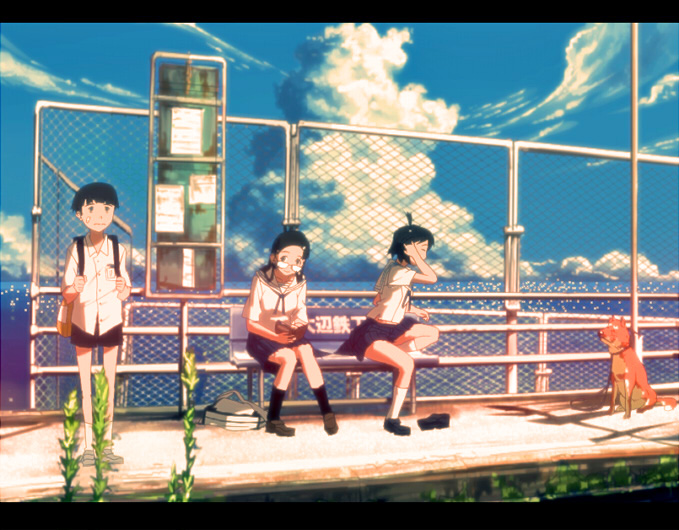 inumaroboya, inumaru (sougen no marogoya), original, 1boy, 2girls, bag, bench, black hair, bus stop, cloud, day, dog, glasses, legs, multiple girls, ocean, reading, school uniform, sitting, sky, slice of life