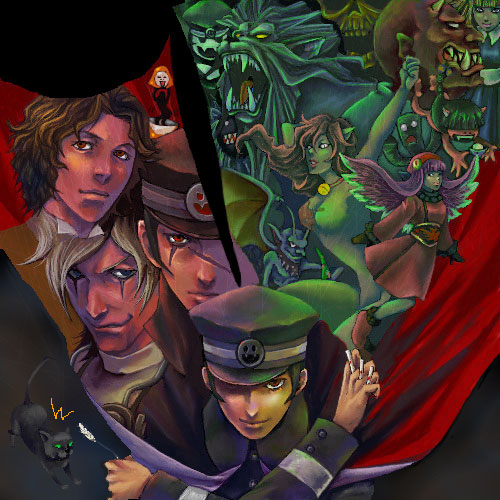 yoshii kyoko, alice (megami tensei), gouto, kuzunoha raidou, muu shuwuu (megami tensei), devil summoner (series), raidou kuzunoha vs the soulless army, lowres, 3boys, black hair, cat, demon (megami tensei), hat, male focus, multiple boys, school uniform, shako cap, short hair