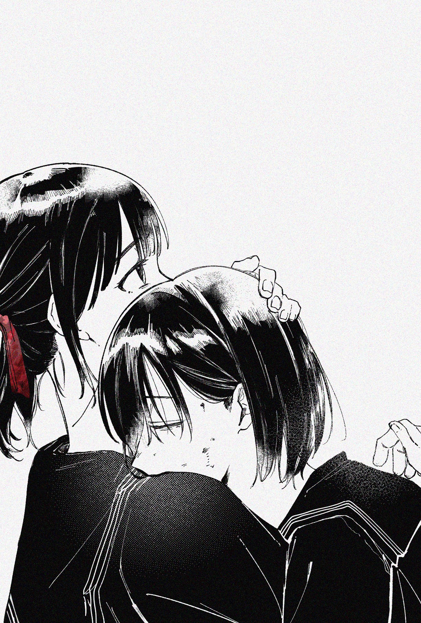 igarashi sakuko, shimizu hinako, silent hill (series), silent hill f, alt text, commentary, highres, 2girls, 2ykaa3, black hair, closed eyes, from side, greyscale, hair between eyes, hair ribbon, hug, monochrome, multiple girls, red ribbon, ribbon, sailor collar, short hair, simple background, twintails, yuri