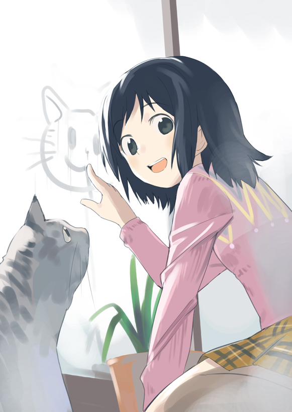 watarai, watarai keiji, original, 1girl, black eyes, black hair, cat, condensation, female focus, finger writing, glass writing, happy, kneeling, open mouth, short hair, skirt, smile, solo, window, window fog