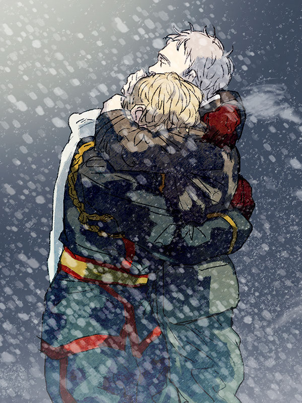 prussia (hetalia), russia (hetalia), axis powers hetalia, 2boys, baggy pants, belt, black eyes, black jacket, black pants, blonde hair, covered face, covered mouth, cowboy shot, gloves, green jacket, green pants, grey hair, haaaapy, hug, jacket, long sleeves, male focus, military jacket, military uniform, multiple boys, night, night sky, outdoors, pants, red gloves, scarf, short hair, sky, snowing, standing, white scarf, winter, yellow belt