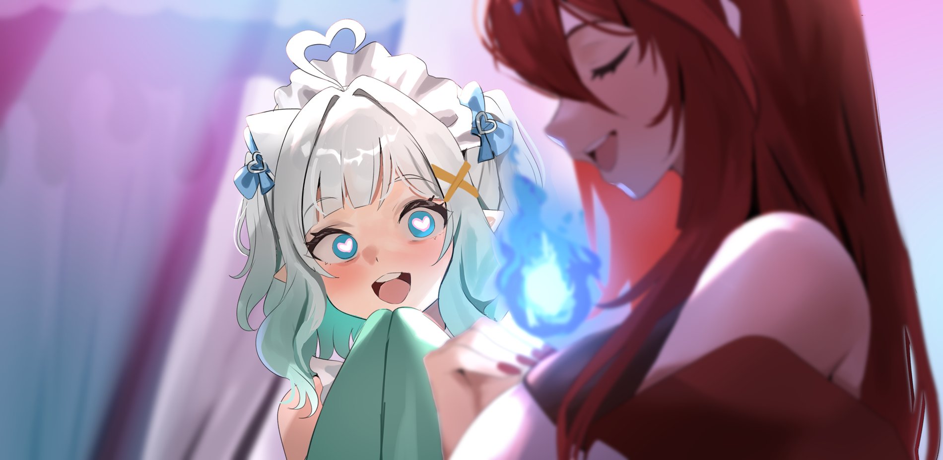 redi (rasec asdjh), elizabeth rose bloodflame, elizabeth rose bloodflame (1st costume), mint fantome, hololive, hololive english, indie virtual youtuber, highres, revision, 1girl, 2girls, ahoge, blue eyes, breasts, closed eyes, detached sleeves, fire, green hair, hair between eyes, heart, heart-shaped pupils, heart ahoge, large breasts, long hair, long sleeves, looking at another, maid, maid headdress, multicolored hair, multiple girls, open mouth, pointy ears, red hair, sleeves past fingers, sleeves past wrists, smile, symbol-shaped pupils, teeth, tongue, upper teeth only, virtual youtuber
