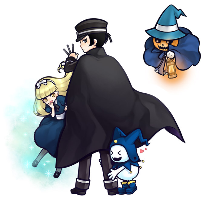 tooru, alice (megami tensei), jack frost (megami tensei), kuzunoha raidou, pyro jack, atlus, devil summoner (series), raidou kuzunoha vs the soulless army, shin megami tensei, 1boy, 1girl, blonde hair, blue dress, blunt bangs, cape, cloak, demon (megami tensei), dress, hat, jack-o'-lantern, lantern, long sleeves, looking at viewer, monster, standing, white background, witch hat