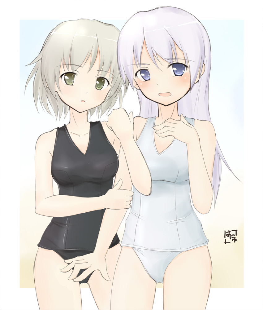 eila ilmatar juutilainen, sanya v. litvyak, hanyu, strike witches, world witches series, arm grab, 00s, 2girls, black one-piece swimsuit, blue eyes, blush, green eyes, grey hair, holding another's arm, multiple girls, one-piece swimsuit, open mouth, purple hair, school swimsuit, signature, swimsuit, white one-piece swimsuit, white school swimsuit