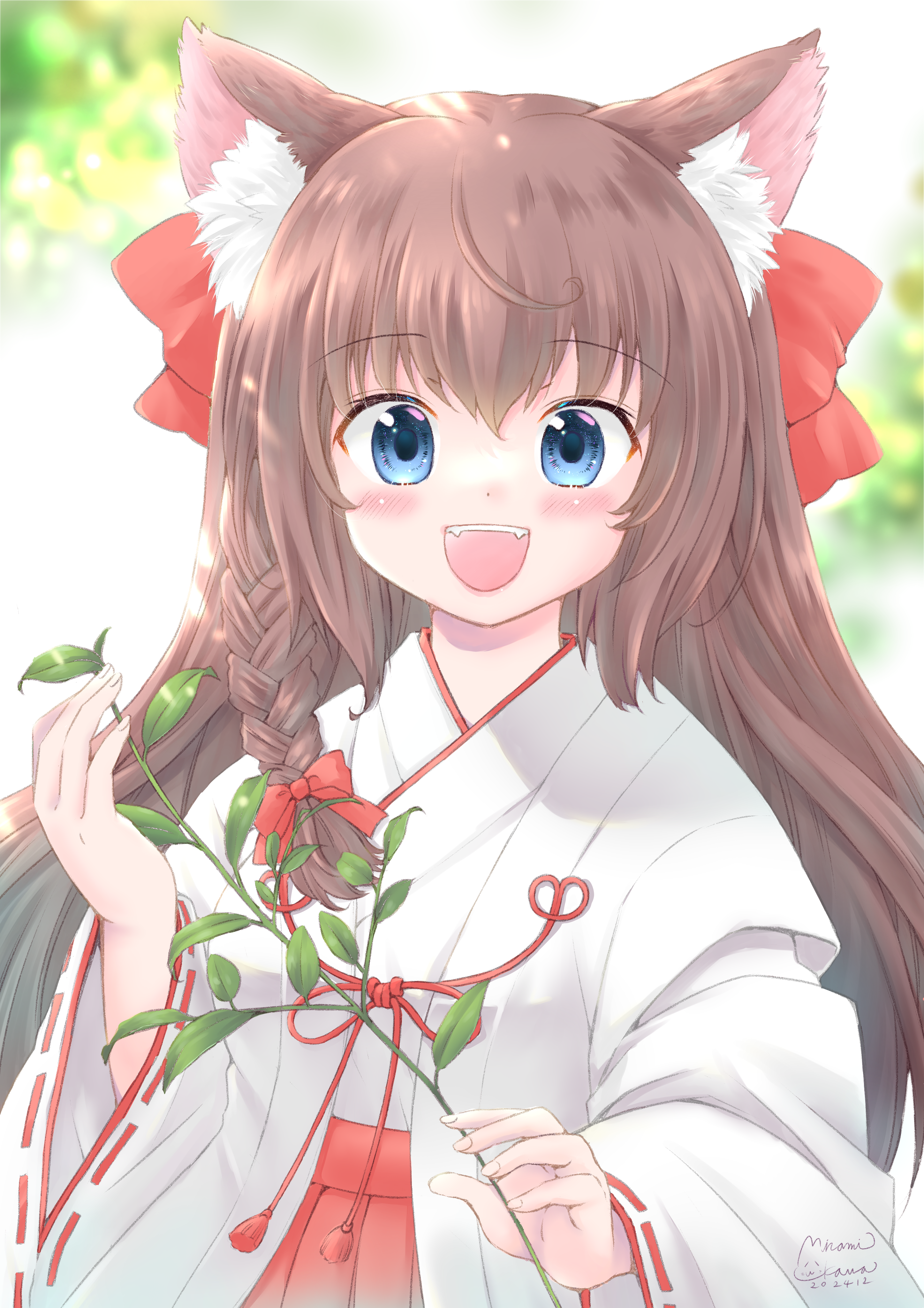 minami kawa, original, absurdres, commentary, commission, commissioner upload, highres, non-web source, skeb commission, symbol-only commentary, 1girl, animal ear fluff, animal ears, aqua eyes, blush, braid, brown hair, cat ears, cat girl, fangs, hair ribbon, hakama, hakama skirt, holding, holding plant, japanese clothes, kimono, long hair, looking at viewer, mewry (fuki nyan), miko, open mouth, plant, red hakama, red ribbon, ribbon, ribbon braid, side braid, signature, single braid, skirt, smile, solo, upper body, white kimono