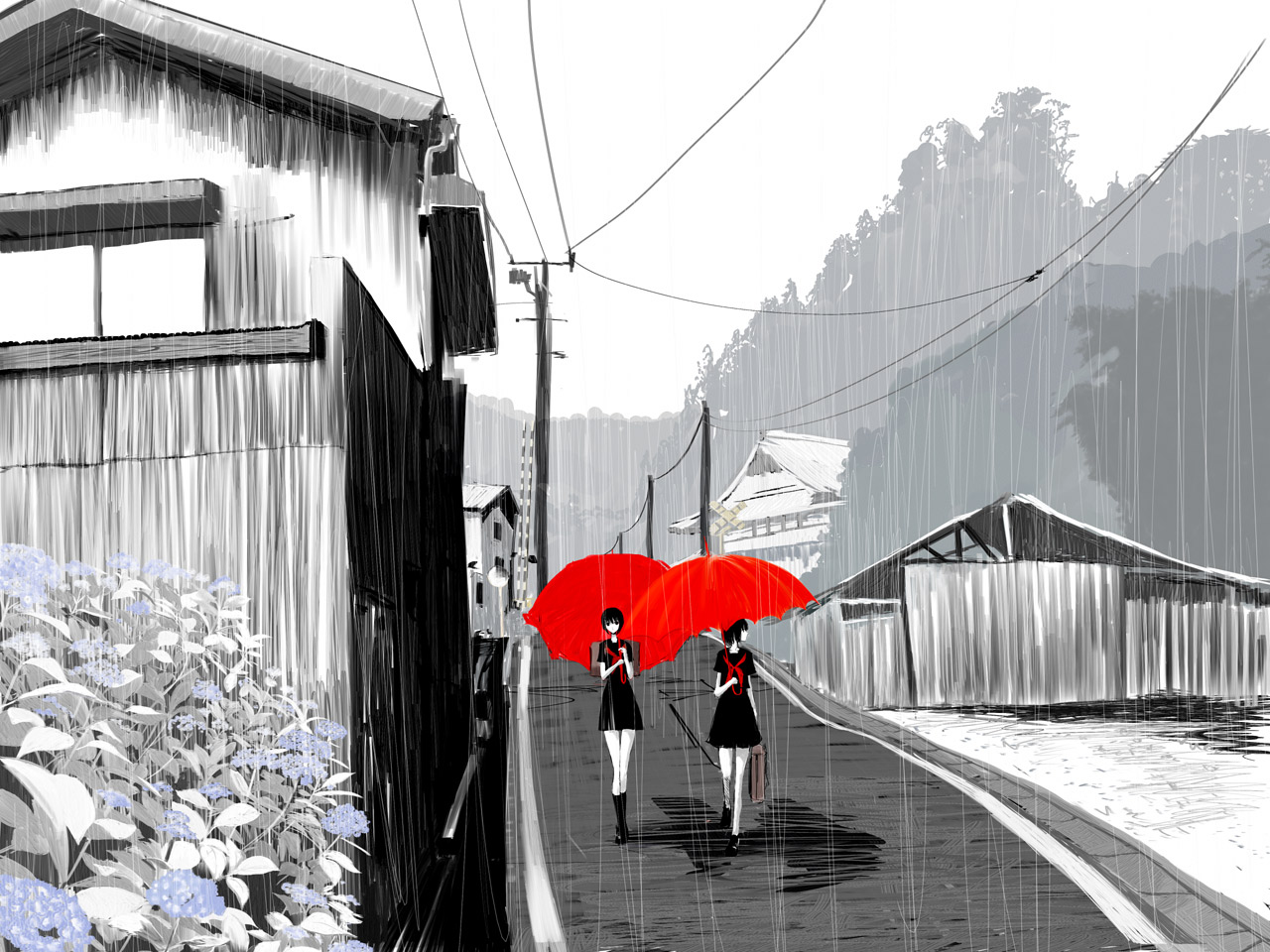 emukami, original, pale skin, power lines, rain, school uniform, umbrella