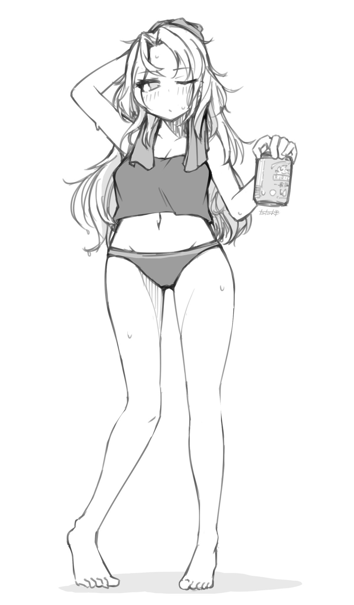 tatahai, hornet (kancolle), kantai collection, commentary, highres, symbol-only commentary, 1girl, camisole, full body, greyscale, jar, looking at viewer, monochrome, navel, panties, solo, towel, towel on head, underwear