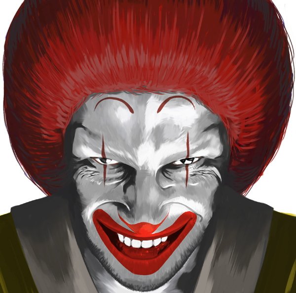 kai (artist), kai (ouf), ronald mcdonald, aphex twin, mcdonald's, richard d. james album, derivative work, 1boy, afro, album cover redraw, creepy, evil grin, evil smile, grin, horror (theme), male focus, parody, red hair, smile, solo