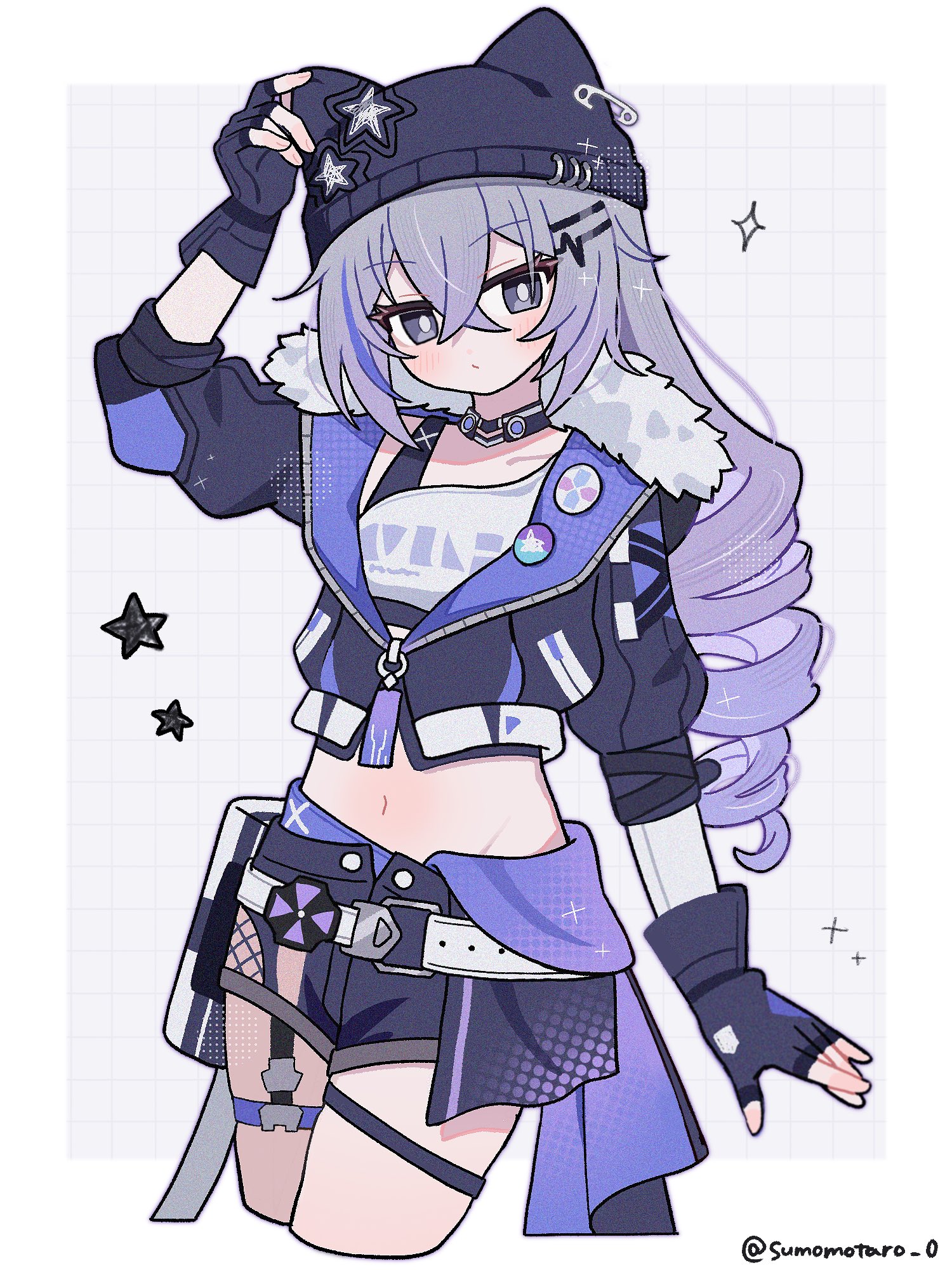 omuyan, silver wolf (honkai: star rail), honkai: star rail, honkai (series), highres, 1girl, alternate hairstyle, belt, choker, cowboy shot, crop top, drill hair, fingerless gloves, fishnets, fur trim, gloves, gradient hair, grey eyes, grey hair, grid background, hair between eyes, hat, hat ornament, jacket, midriff, multicolored hair, navel, open clothes, open jacket, shorts, star (symbol), streaked hair, thigh strap, twitter username, zipper
