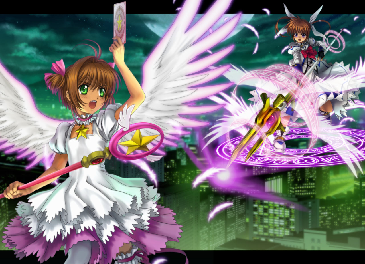 mutsuki (moonknives), kinomoto sakura, kinomoto sakura (astral sakura), raising heart, raising heart (buster mode), takamachi nanoha, takamachi nanoha (sacred mode), cardcaptor sakura, kodansha, lyrical nanoha, magical battle arena, mahou shoujo lyrical nanoha, mahou shoujo lyrical nanoha a's, seven arcs, 00s, 1990s (style), 2girls, blush, bow, brown hair, crossover, dress, frilled thigh strap, green eyes, hoshi no tsue, magical girl, multiple girls, night, purple eyes, retro artstyle, staff, thigh strap, twintails, wings