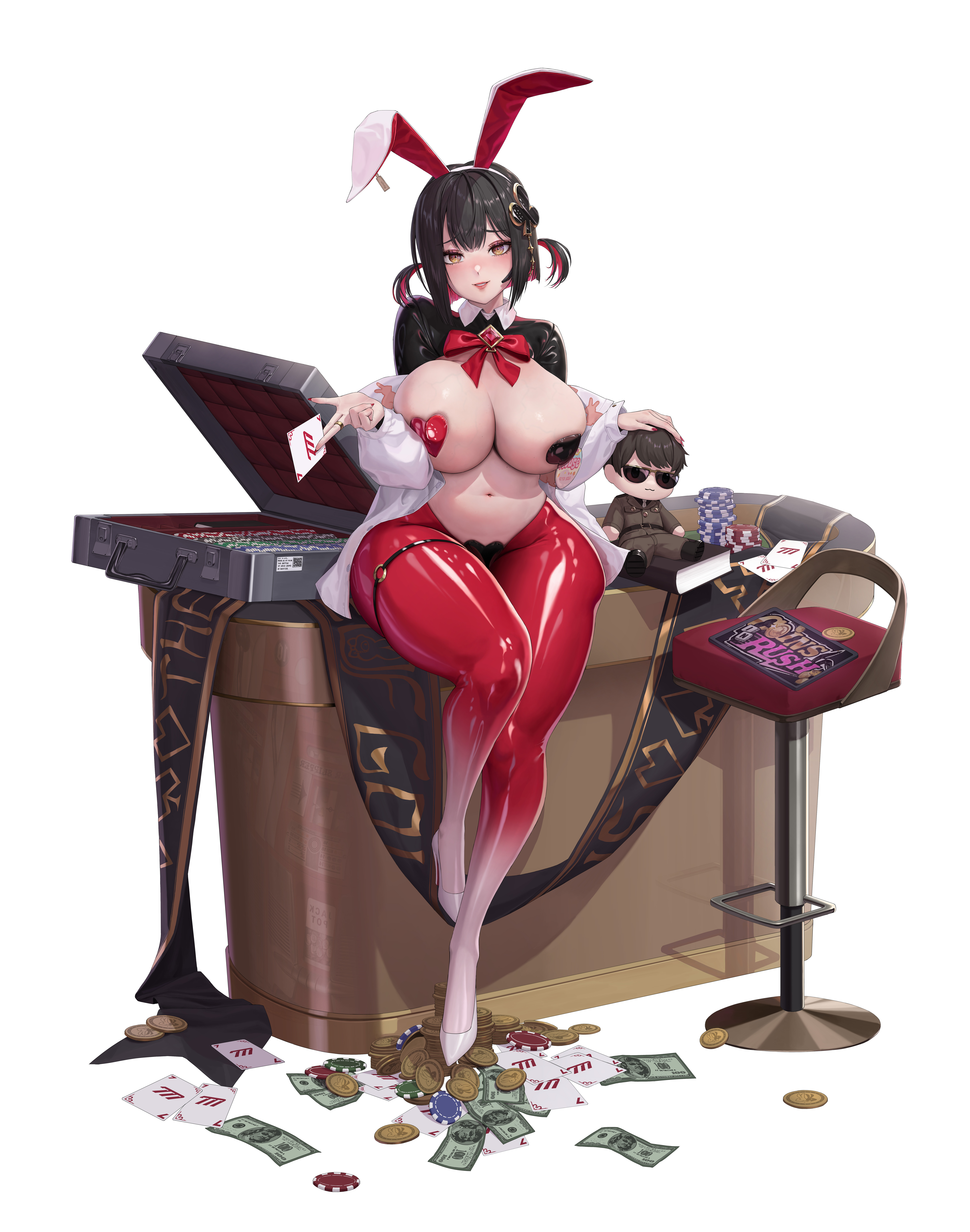 hui z jie, commander (nikke), rouge (nikke), rouge (unlucky rabbit) (nikke), goddess of victory: nikke, absurdres, chinese commentary, commentary request, highres, 1girl, animal ear hairband, animal ears, animal print, badge, banknote, black hair, black shrug, blush, bow, bowtie, breasts, briefcase, button badge, card, character doll, club hair ornament, coin, colored inner hair, diamond brooch, doll, earpiece, fake animal ears, frontless outfit, full body, gold coin, hair between eyes, hair ornament, hairband, heart maebari, high heels, hiphighs, holding, holding card, large breasts, latex shrug, leggings, looking at viewer, maebari, mismatched pasties, money, multicolored hair, navel, off shoulder, official alternate costume, open clothes, open shirt, parted lips, pasties, playboy bunny, playing card, poker chip, poker table, rabbit ear hairband, rabbit ears, rabbit print, red bow, red bowtie, red hair, red hiphighs, red leggings, reverse bunnysuit, reverse outfit, shadow, shirt, shoes, short hair, shrug (clothing), sidelocks, simple background, sitting, skindentation, smile, solo, spade pasties, stomach, stool, table, thigh strap, two side up, white background, white shirt, white shoes, yellow eyes