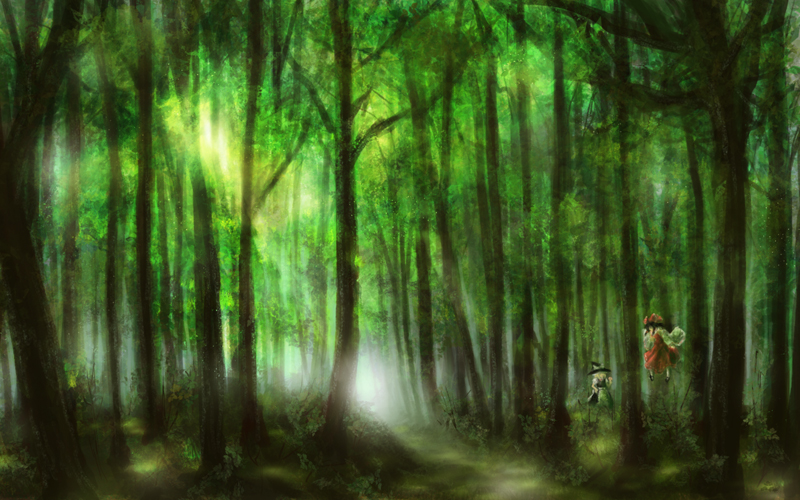 mashiton, hakurei reimu, kirisame marisa, touhou, 2girls, blonde hair, female focus, floating, forest, light rays, multiple girls, nature, scenery, sunbeam, sunlight, tree