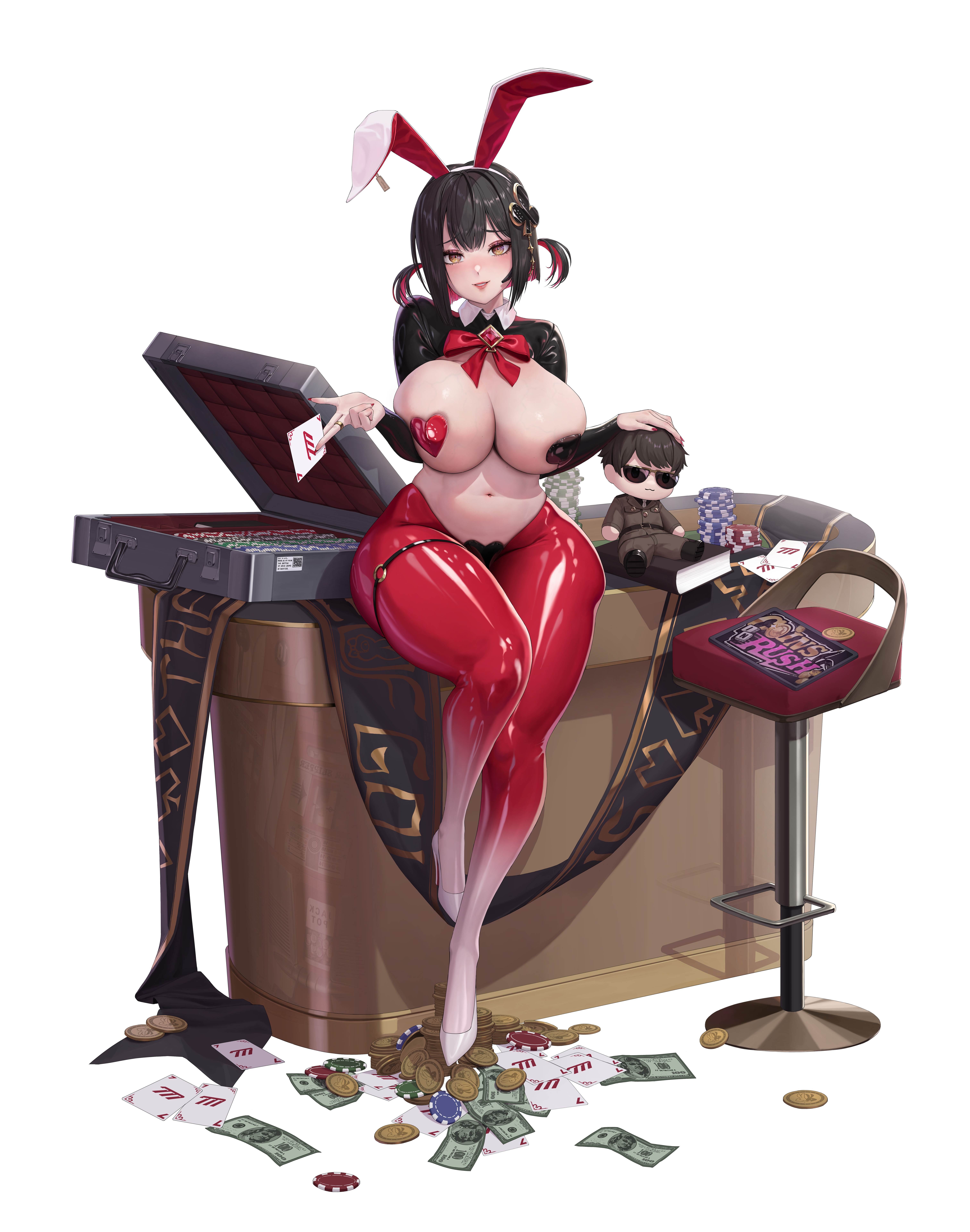 hui z jie, commander (nikke), rouge (nikke), rouge (unlucky rabbit) (nikke), goddess of victory: nikke, absurdres, chinese commentary, commentary request, highres, 1girl, animal ear hairband, animal ears, banknote, black hair, black shrug, blush, bow, bowtie, breasts, briefcase, card, character doll, club hair ornament, coin, colored inner hair, diamond brooch, doll, earpiece, fake animal ears, frontless outfit, full body, gold coin, hair between eyes, hair ornament, hairband, heart maebari, high heels, hiphighs, holding, holding card, large breasts, latex shrug, leggings, looking at viewer, maebari, mismatched pasties, money, multicolored hair, navel, no shirt, official alternate costume, parted lips, pasties, playboy bunny, playing card, poker chip, poker table, rabbit ear hairband, rabbit ears, red bow, red bowtie, red hair, red hiphighs, red leggings, reverse bunnysuit, reverse outfit, shadow, shoes, short hair, shrug (clothing), sidelocks, simple background, sitting, skindentation, smile, solo, spade pasties, stomach, stool, table, thigh strap, two side up, white background, white shoes, yellow eyes