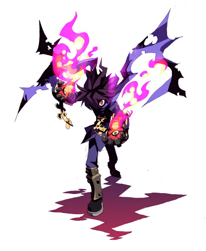 chingisu, alchemist (sekaiju), alchemist 1 (sekaiju), atlus, etrian odyssey, bad id, bad pixiv id, 1boy, black hair, boots, coat, colored sclera, fire, full body, hair over eyes, looking at viewer, male focus, monster, red eyes, scarf, shadow, sharp teeth, simple background, solo, teeth, white background, yellow sclera
