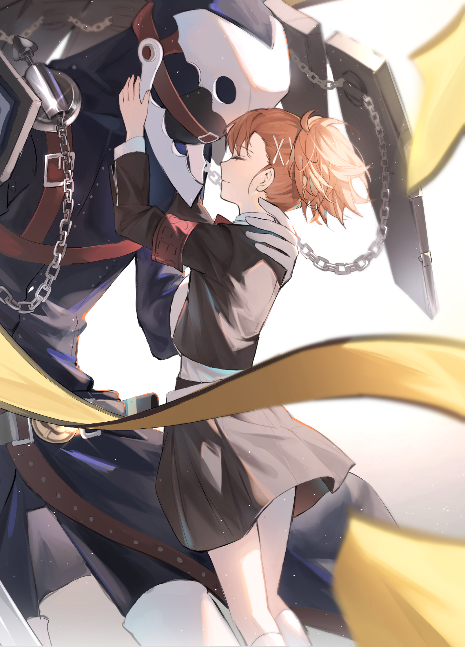 kenko (hjlahh), shiomi kotone, thanatos (persona), persona, persona 3, persona 3 portable, commentary request, highres, 1girl, armband, black jacket, black skirt, chain, closed eyes, closed mouth, facing another, feet out of frame, hair ornament, hairclip, hand on another's back, hands on another's face, hands up, jacket, kneehighs, light smile, long sleeves, persona (summon), ponytail, red armband, red hair, s.e.e.s, scarf, short hair, skirt, socks, white socks, yellow scarf