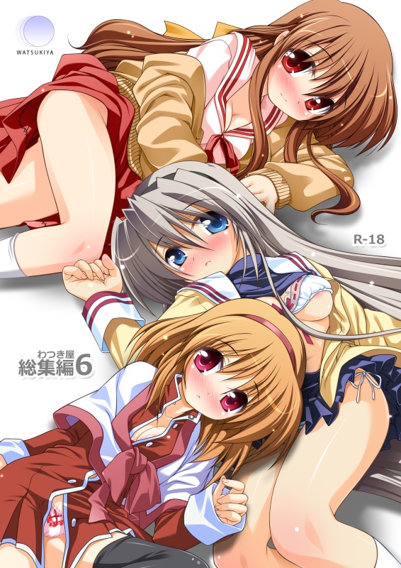 watsuki ayamo, nagamori mizuka, sakagami tomoyo, tsukimiya ayu, clannad, kanon, key (company), one – kagayaku kisetsu e, silver hair, 00s, 3girls, alternate costume, blue eyes, blush, bow, bow bra, bow panties, bra, breasts, brown hair, capelet, cleavage, company connection, crossover, hairband, legs, multiple girls, panties, pink panties, red eyes, red skirt, school uniform, side-tie panties, skirt, small breasts, thighhighs, unbuttoned, underwear, white bra, white panties
