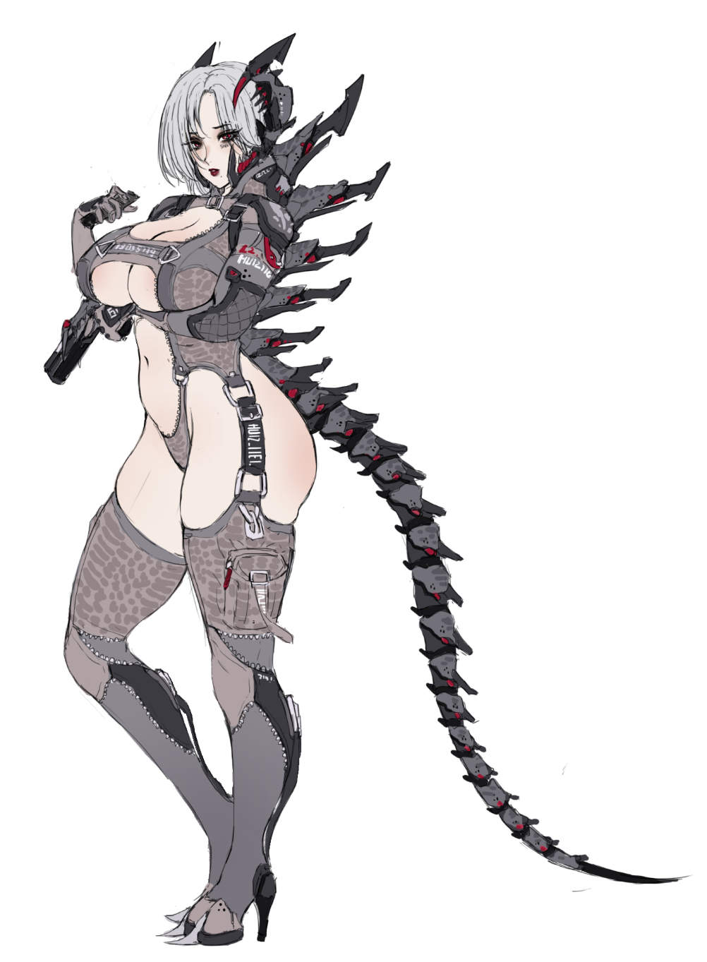 hui z jie, original, highres, 1girl, ass, breasts, brown thighhighs, cleavage, eyes visible through hair, from side, full body, grey hair, gun, high heels, holding, holding gun, holding weapon, hooves, large breasts, looking at viewer, looking to the side, mechanical spine, mechanical tail, navel, parted lips, red eyes, revealing clothes, simple background, tail, thighhighs, underboob, weapon, white background