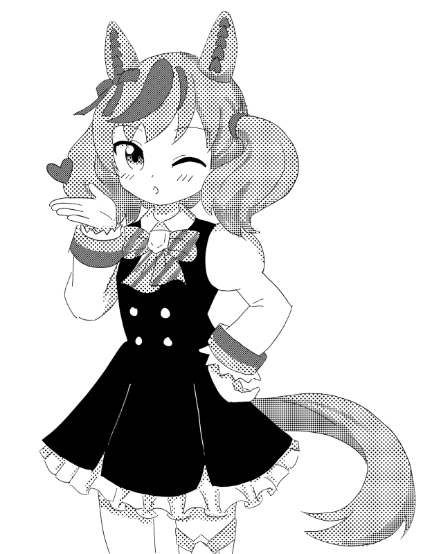 nice nature (poinsettia ribbon) (umamusume), nice nature (umamusume), umamusume, commentary, 1girl, animal ears, belt, blowing kiss, bow, bowtie, buttons, dithering, double-breasted, dress, ear covers, frilled dress, frilled sleeves, frills, greyscale, hand on own hip, heart, horse ears, horse girl, horse tail, looking at viewer, monochrome, multicolored hair, one eye closed, pikogame, puffy sleeves, short twintails, solo, streaked hair, tail, thigh belt, thigh strap, twintails