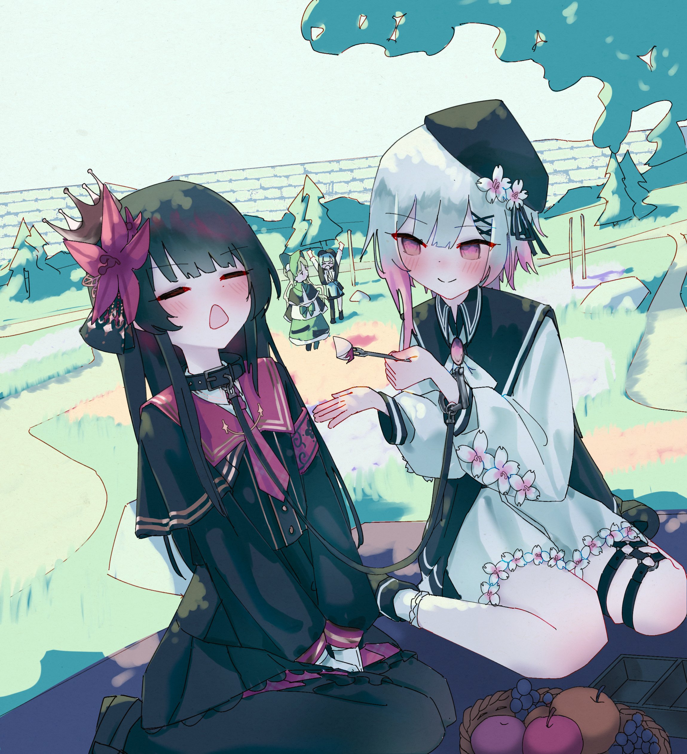 foopy, nikaido hiro, sakuraba ema, tachibana sherry, tono hanna, mahou shoujo no majo saiban, absurdres, highres, 4girls, animal collar, apple, armband, beret, bird hat ornament, black capelet, black hair, black hat, blonde hair, blue hair, blue sky, bonnet, braid, braided hair rings, capelet, closed eyes, closed mouth, cloud, collar, cross ornament, crown, day, deerstalker, detective, feeding, field, flower, flower ornament, food, forest, fork, fruit, gradient hair, grapes, grass, hair flower, hair ornament, hair rings, hat, hat flower, hill, hime cut, holding, holding food, holding fork, holding fruit, holding leash, incoming food, leash, leash pull, lolita fashion, long hair, long sleeves, looking at another, magical girl, multicolored hair, multiple girls, nature, necktie, on grass, on ground, open mouth, orange (fruit), outdoors, path, pink eyes, pink hair, red flower, red necktie, road, rock, sash, scenery, shirt, shoulder sash, sky, smile, tree, white flower, white hair, x hair ornament