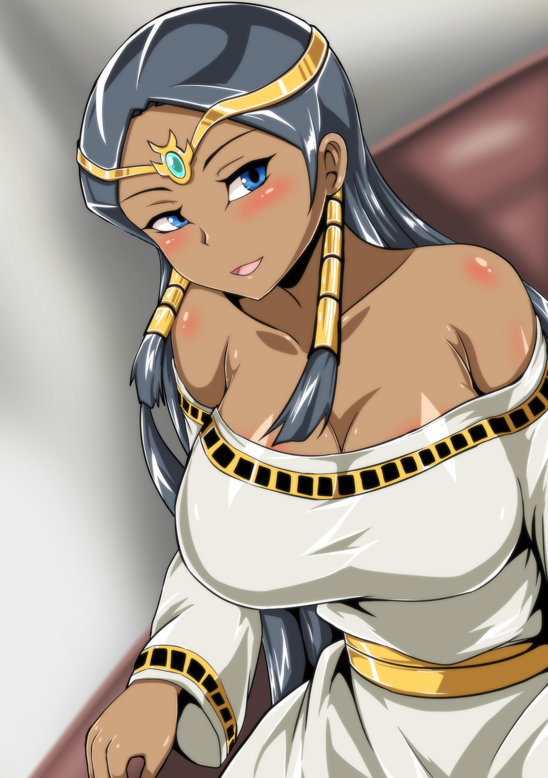 sangyou haikibutsu a, ishizu ishtar, yu-gi-oh!, yu-gi-oh! duel monsters, absurdres, commentary request, highres, 1girl, bare shoulders, black hair, blue eyes, blurry, blurry background, breasts, chair, circlet, cleavage, collarbone, couch, dark-skinned female, dark skin, dress, dutch angle, forehead, hair tubes, large breasts, long hair, long sleeves, looking at viewer, off-shoulder dress, off shoulder, open mouth, sitting, solo, upper body, v-shaped eyebrows, white sleeves, wide sleeves