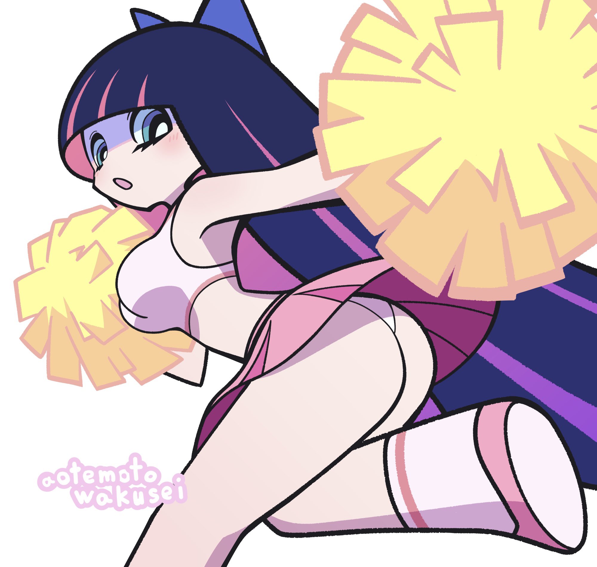 stocking (psg), panty & stocking with garterbelt, commentary, highres, 1girl, artist name, blue bow, bow, breasts, cheerleader, clothes lift, crop top, from behind, hair bow, hirazou, long hair, looking at viewer, looking back, midriff, open mouth, panties, panty & stocking with garterbelt (style), panty peek, pink skirt, pom pom (cheerleading), purple hair, shoe soles, simple background, skirt, skirt lift, socks, solo, standing, standing on one leg, tank top, underwear, white background, white socks, white tank top