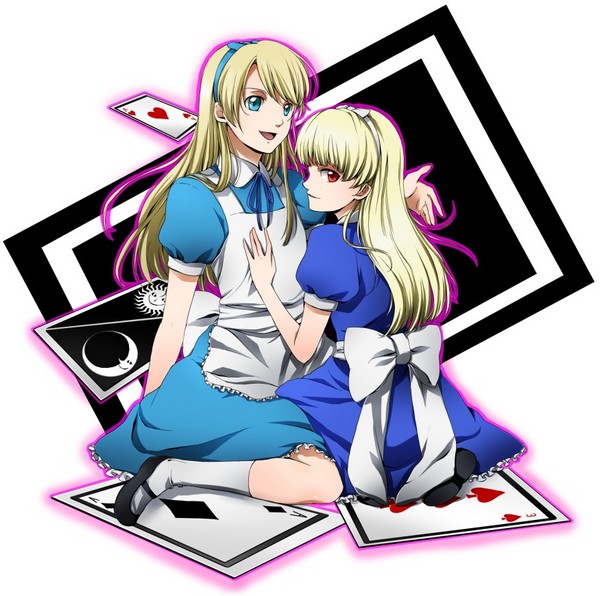 bellwether, alice (alice in wonderland), alice (megami tensei), kuma (persona 4), alice's adventures in wonderland, atlus, persona, persona 4, 1boy, 1girl, alice (alice in wonderland) (cosplay), apron, blonde hair, blue eyes, card, cosplay, crossdressing, demon (megami tensei), floating card, hairband, mary janes, person on card, playing card, red eyes, shoes, smile, socks, trap