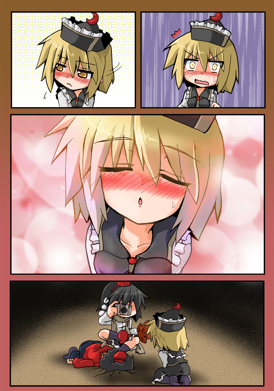 kotojima motoki, kotoshima, lunasa prismriver, shameimaru aya, touhou, looking away, bad id, bad pixiv id, highres, 2girls, 4koma, :<, ^^^, averting eyes, blonde hair, blurry, blush, bokeh, camera, caught, closed eyes, comic, crack, depth of field, embarrassed, faceless, faceless male, female focus, hat, heavy lens flare, incoming kiss, kneeling, lens flare, multiple girls, pantyhose, silent comic, surprised, sweatdrop