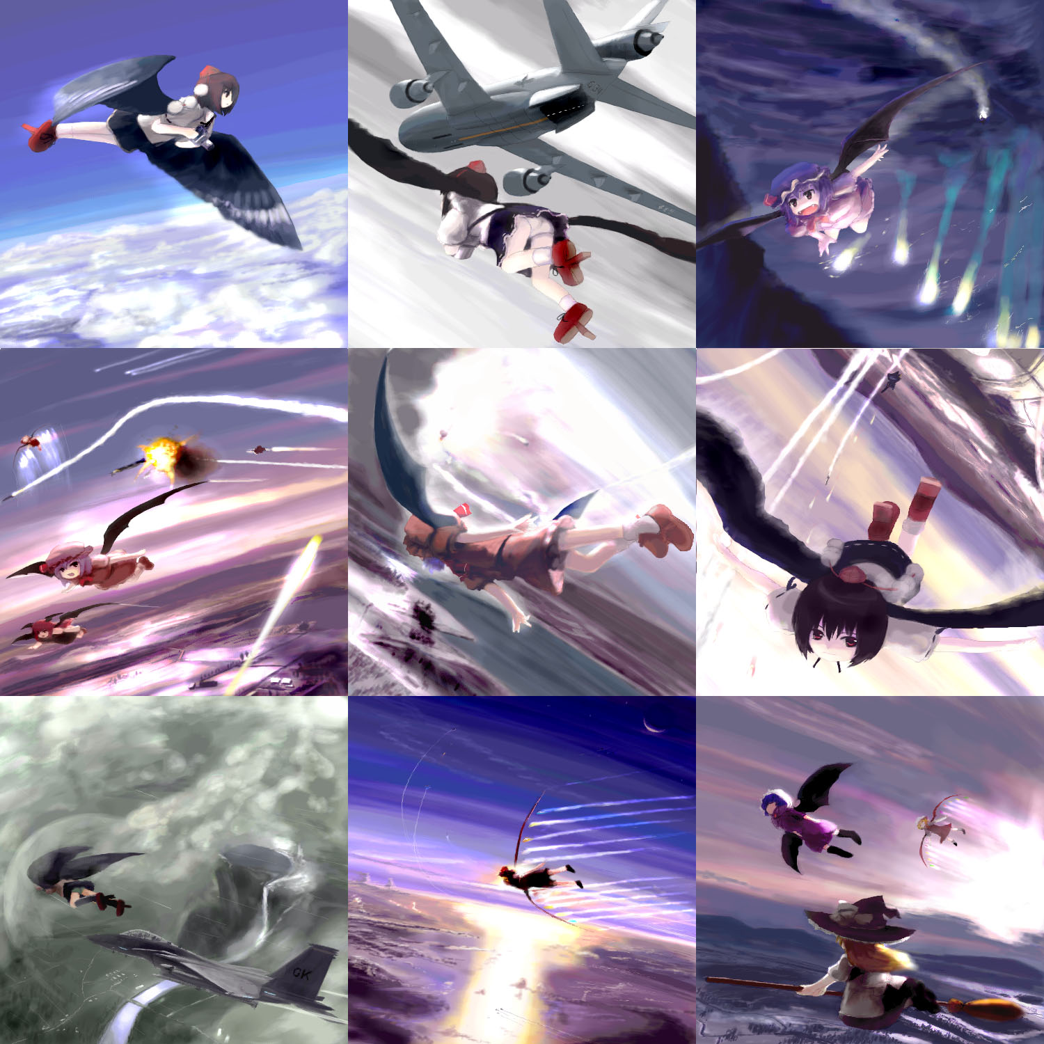 tsubasa (abchipika), flandre scarlet, kirisame marisa, koakuma, remilia scarlet, shameimaru aya, ace combat, embodiment of scarlet devil, touhou, highres, 5girls, aircraft, airplane, alternate wings, black wings, broom, broom riding, camera, cloud, contrail, explosion, female focus, fighter jet, flying, geta, hat, military, military vehicle, missile, multiple girls, panties, parody, rain, sky, tengu-geta, underwear, vehicle focus, white panties, wings, witch hat