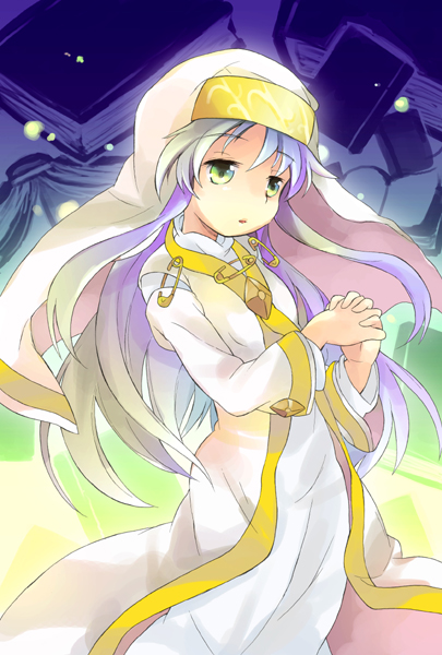 tachitsu teto, index (toaru majutsu no index), toaru majutsu no index, habit, light purple hair, 00s, 1girl, book, female focus, green eyes, long hair, own hands clasped, own hands together, safety pin, solo