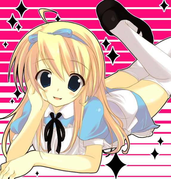 enomoto hina, alice (alice in wonderland), kuma (persona 4), alice's adventures in wonderland, atlus, persona, persona 4, 1boy, alice (alice in wonderland) (cosplay), apron, blonde hair, blue dress, blue eyes, cosplay, crossdressing, crossdressing (mtf), dress, hairband, long hair, lying, male focus, mary janes, on stomach, shoes, solo, thighhighs, trap