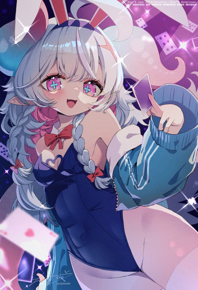 saebashi, original, commentary request, 1girl, ahoge, animal ear hairband, animal ears, aqua jacket, between fingers, blue hair, blue leotard, blue pupils, bow, bowtie, braid, breasts, card, card between fingers, cleavage cutout, clothing cutout, collar, colored inner hair, covered navel, cowboy shot, cross-shaped pupils, detached collar, fake animal ears, gradient hair, groin, hair bow, hairband, heart cutout, highleg, highleg leotard, holding, jacket, leotard, long hair, long pointy ears, long sleeves, looking at viewer, multicolored hair, open clothes, open jacket, open mouth, pink eyes, pink hair, playboy bunny, pointy ears, rabbit ears, red bow, red bowtie, side braids, small breasts, smile, solo, strapless, strapless leotard, symbol-shaped pupils, thighhighs, white collar, white hair, white thighhighs