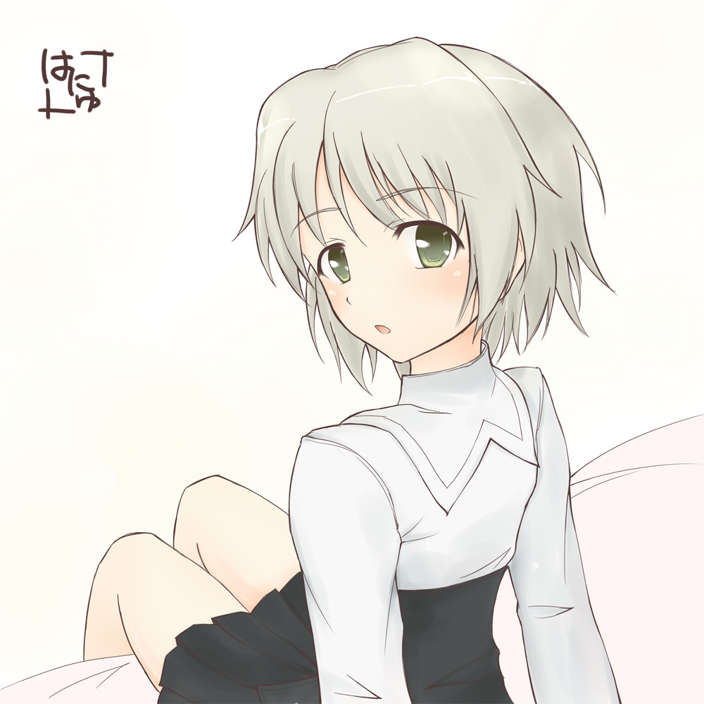 sanya v. litvyak, hanyu, strike witches, world witches series, silver hair, 00s, 1girl, bare legs, bed, blush, female focus, green eyes, looking back, no legwear, open mouth, short hair, signature, simple background, sitting, solo