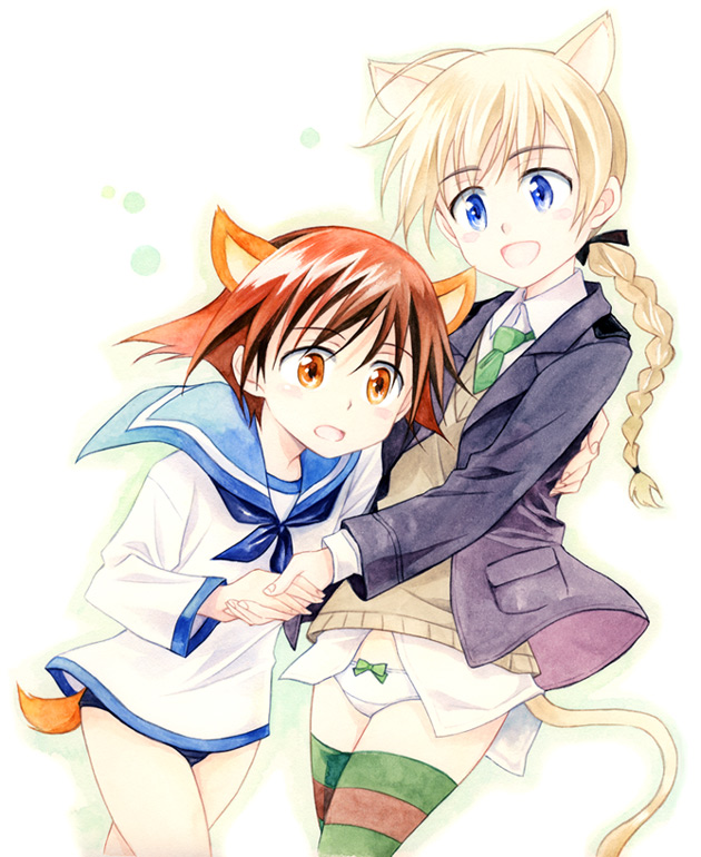 agahari, lynette bishop, miyafuji yoshika, strike witches, world witches series, multicolored legwear, striped legwear, 00s, 2girls, ahoge, animal ears, blonde hair, blue eyes, bow, bow panties, braid, cat ears, cat tail, dog ears, dog tail, holding hands, hug, jacket, long hair, lowleg, lowleg panties, multiple girls, necktie, no pants, one-piece swimsuit, open mouth, orange eyes, panties, red hair, school swimsuit, school uniform, serafuku, short hair, striped clothes, striped thighhighs, sweater vest, swimsuit, swimsuit under clothes, tail, thighhighs, underwear, white panties