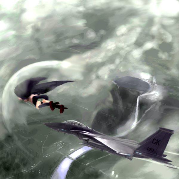 tsubasa (abchipika), f-15, shameimaru aya, ace combat, touhou, commentary, 1girl, aircraft, airplane, black wings, cloud, contrail, f-15 eagle, female focus, fighter jet, flying, geta, military, military vehicle, parody, prandtlu2013glauert singularity, rain, shockwave, skirt, solo, sonic boom (speed), tengu-geta, vehicle focus, wings
