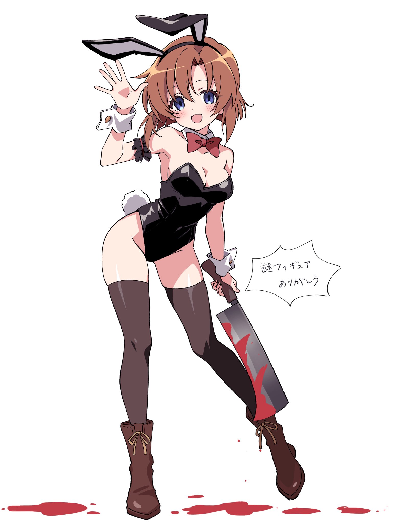 niyane, ryuuguu rena, higurashi no naku koro ni, highres, translation request, 1girl, :d, animal ear hairband, animal ears, bare shoulders, black arm garter, black hairband, black leotard, blood, blue eyes, blush, boots, breasts, brown boots, brown thighhighs, cleavage, covered navel, detached collar, dot nose, fake animal ears, fake tail, full body, hairband, hand up, holding, leotard, looking at viewer, medium breasts, nata (tool), open mouth, orange hair, parted bangs, playboy bunny, rabbit ear hairband, rabbit ears, rabbit tail, short hair, simple background, smile, solo, standing, strapless, strapless leotard, tail, thighhighs, white background, wrist cuffs