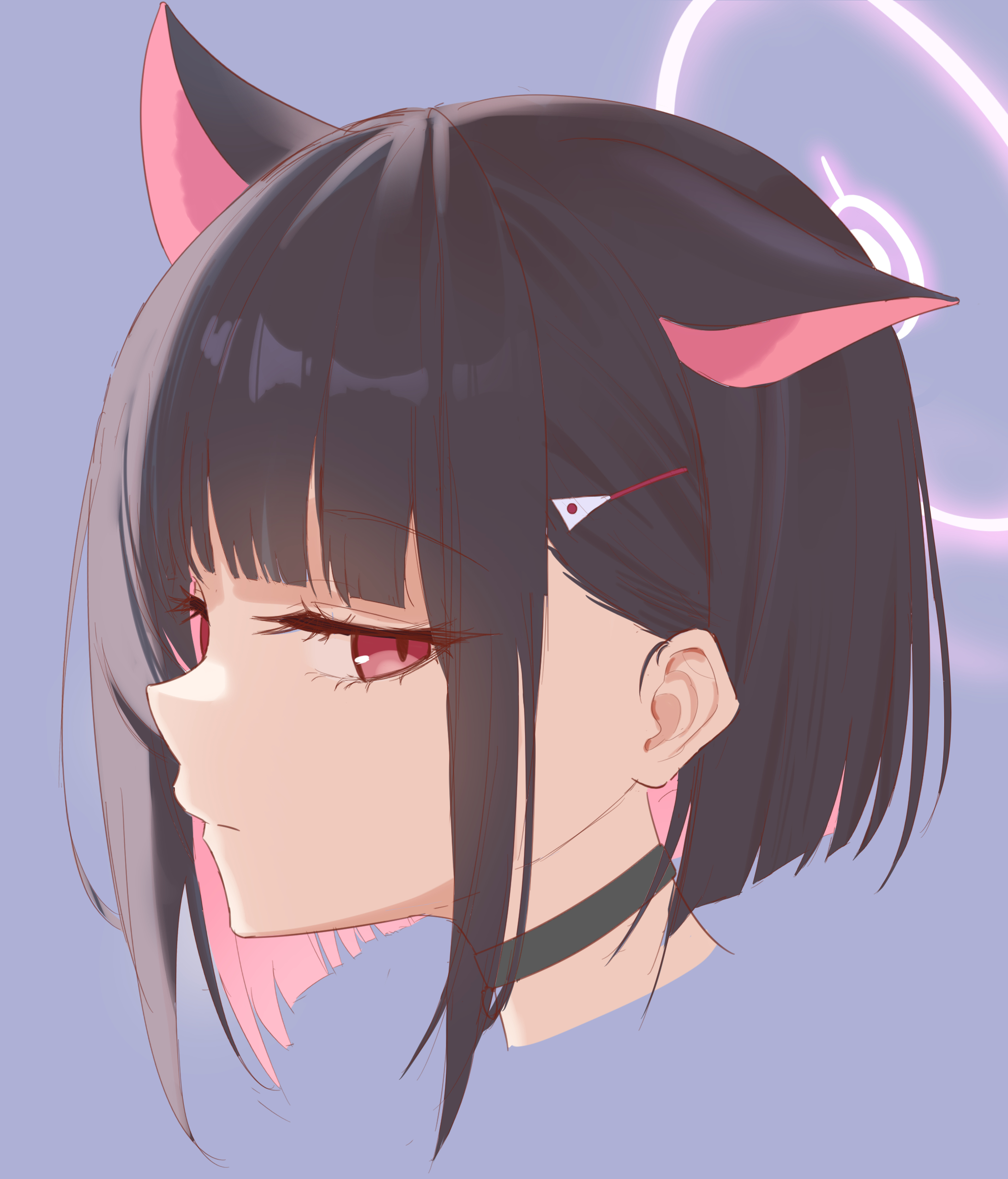 mokomoko system, kazusa (blue archive), blue archive, absurdres, commentary request, highres, 1girl, animal ears, black choker, black hair, cat ears, choker, closed mouth, colored inner hair, cropped head, extra ears, hair ornament, hairclip, halo, looking at viewer, multicolored hair, pink hair, purple background, red eyes, short hair, sidelocks, simple background, slit pupils, solo