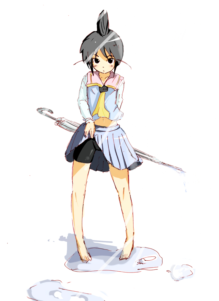 ebibaachan, ogiue chika, genshiken, bad id, bad pixiv id, 1girl, barefoot, bike shorts, closed umbrella, clothes lift, cosplay, female focus, midriff, sketch, skirt, skirt lift, solo, topknot, umbrella