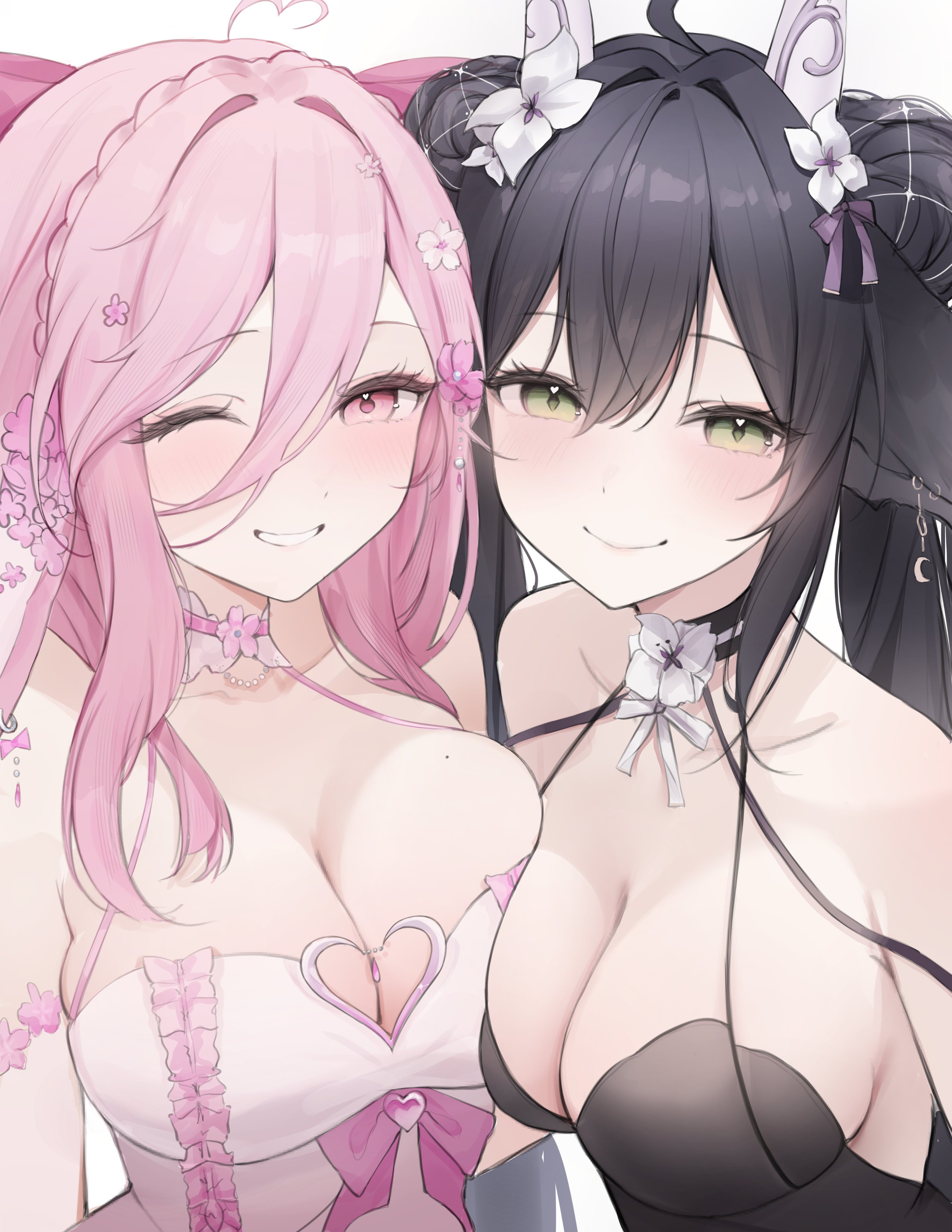 yumiewuri, nyxiena, sakurah (vtuber), indie virtual youtuber, absurdres, commentary, commission, english commentary, highres, 2girls, ahoge, bare shoulders, black dress, black hair, blush, braid, breasts, choker, cleavage, closed mouth, clothing cutout, collar, collarbone, crown braid, detached collar, double bun, dress, flower, green eyes, hair between eyes, hair bun, hair flower, hair intakes, hair ornament, hair ribbon, heart, heart ahoge, heart cutout, heart in eye, large breasts, long hair, looking at viewer, mole, mole on breast, multiple girls, one eye closed, pink choker, pink eyes, pink flower, pink hair, pink ribbon, purple ribbon, ribbon, simple background, smile, symbol in eye, twintails, virtual youtuber, white background, white collar, white dress, white flower