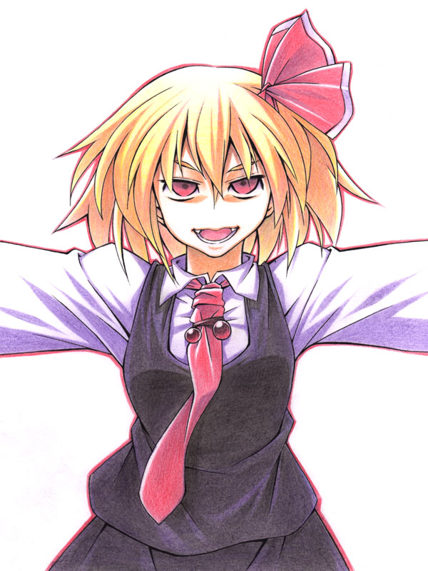 uccow, rumia, embodiment of scarlet devil, touhou, bad id, bad pixiv id, 1girl, blonde hair, fangs, female focus, hair ribbon, necktie, red eyes, red necktie, ribbon, short hair, solo