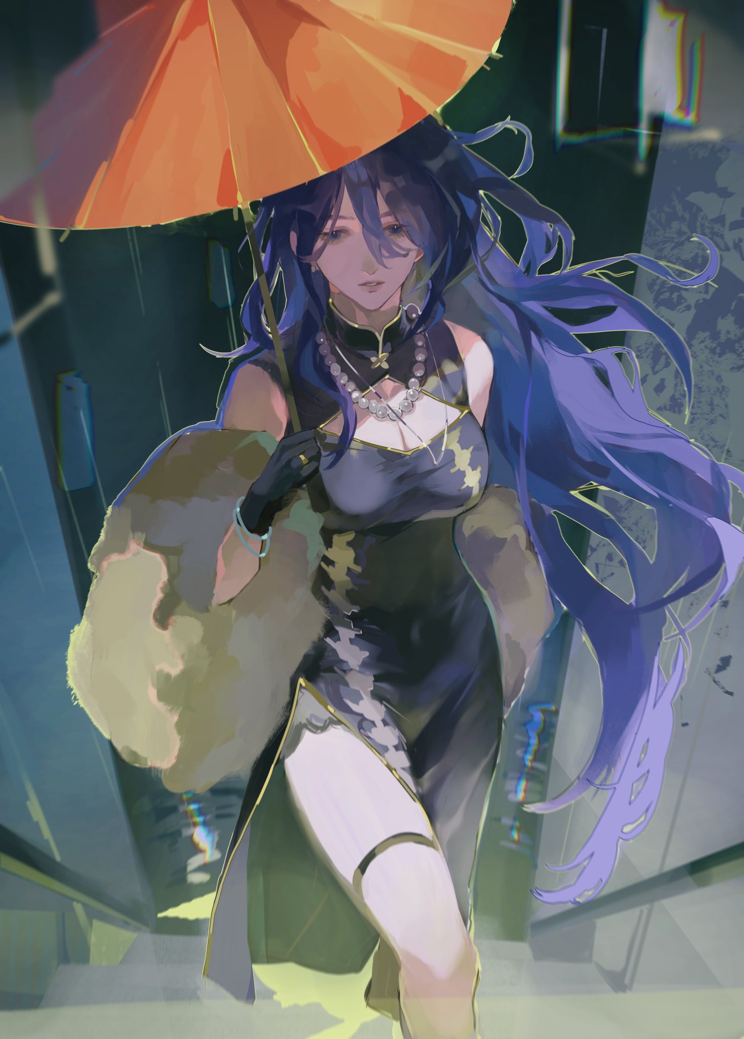 kakyoriya, acheron (honkai: star rail), honkai: star rail, honkai (series), highres, 1girl, alternate costume, bead necklace, beads, bracelet, china dress, chinese clothes, dress, gloves, hair between eyes, jewelry, long hair, necklace, oil-paper umbrella, outdoors, purple eyes, purple hair, ring, thigh strap, umbrella, very long hair