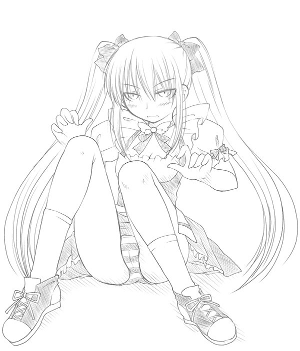 hanapin, daikuuji ayu, susanna hopkins, genshiken, kimi ga nozomu eien, 1girl, blush, breasts, cameltoe, cleavage, cosplay, daikuuji ayu (cosplay), female focus, greyscale, long hair, monochrome, panties, pantyshot, ribbon, shoes, sitting, sketch, small breasts, sneakers, socks, solo, striped clothes, striped panties, twintails, underwear, waitress