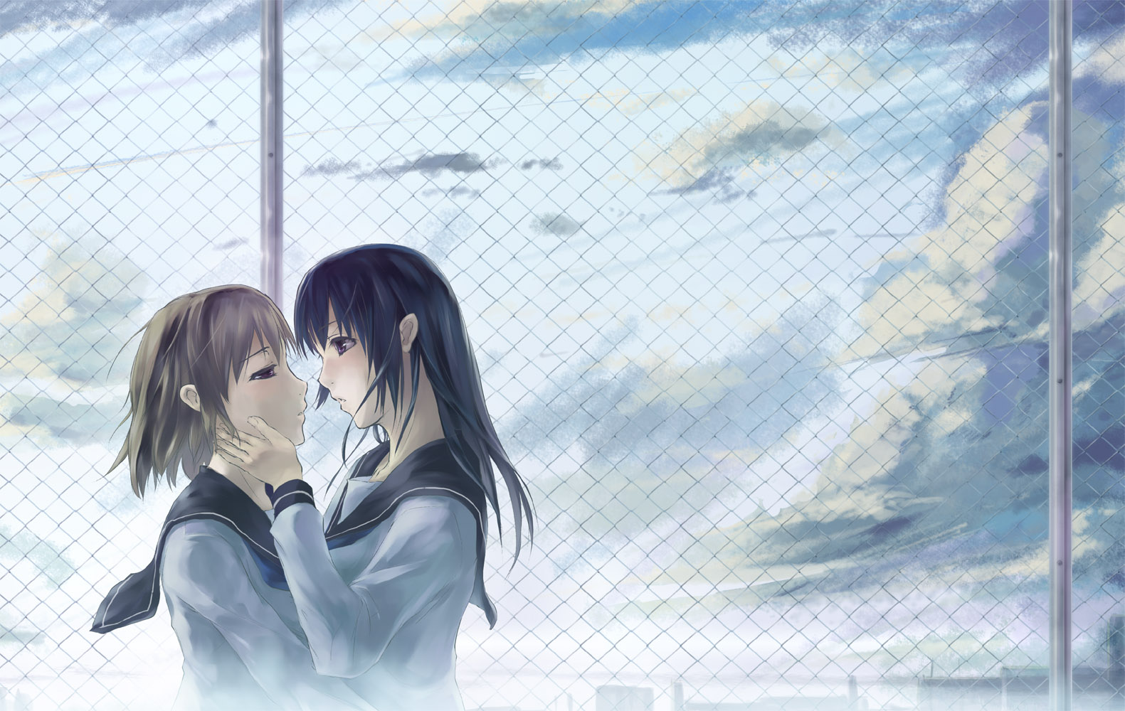 akino komichi, original, bad id, bad pixiv id, 2girls, black hair, brown hair, chain-link fence, fence, long hair, multiple girls, school uniform, serafuku, short hair, sky, yuri