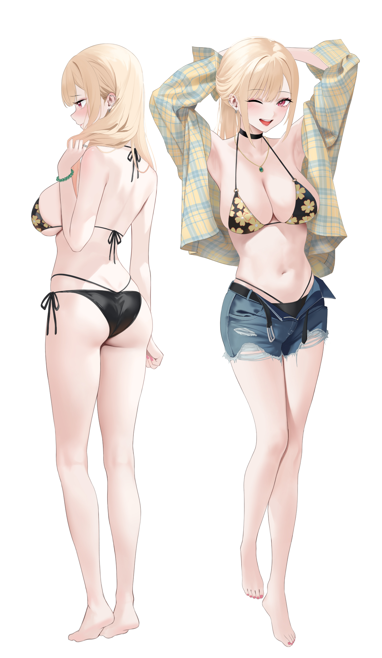abab xiaxia, kitagawa marin, sono bisque doll wa koi wo suru, highres, 1girl, ;d, arms up, ass, barefoot, belt, bikini, black belt, black bikini, black choker, blonde hair, blue shorts, blush, breasts, choker, cleavage, denim, denim shorts, earrings, full body, jewelry, large breasts, long hair, long sleeves, looking at viewer, necklace, one eye closed, open clothes, open mouth, open shirt, pink eyes, ring, short shorts, shorts, side-tie bikini bottom, simple background, smile, standing, swimsuit, thighs, torn clothes, torn shorts, tying hair, white background