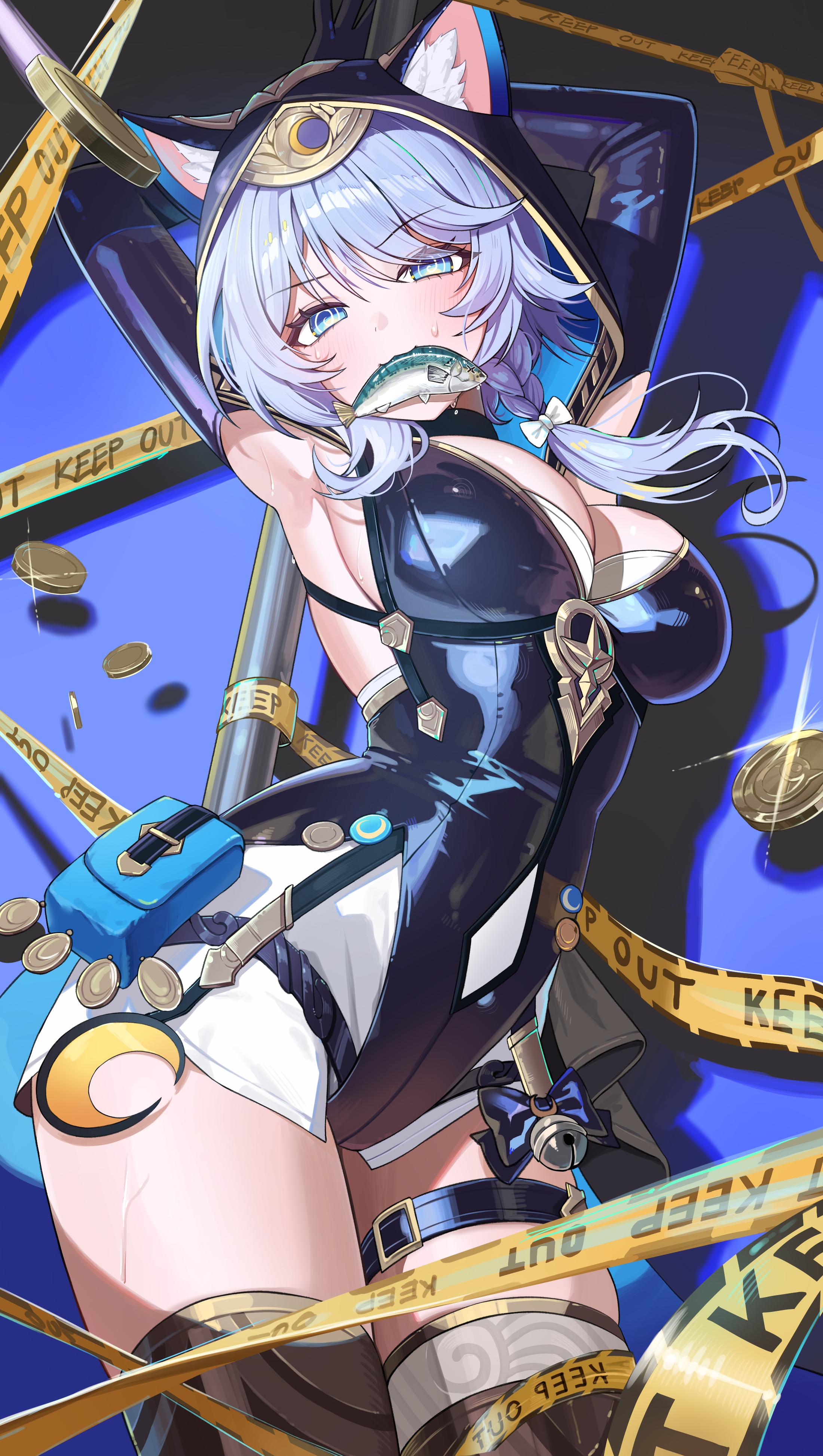 suisen (suisenhwa), cipher (honkai: star rail), honkai: star rail, honkai (series), absurdres, highres, 1girl, @ @, armpits, arms up, belt, black gloves, black hood, black leotard, blue eyes, blue hair, cat girl, caution tape, coin, ears through hood, fish in mouth, gloves, gold coin, hooded leotard, keep out, leotard, pole, shorts, solo, spotlight, sweat, thigh belt, thigh strap, white shorts