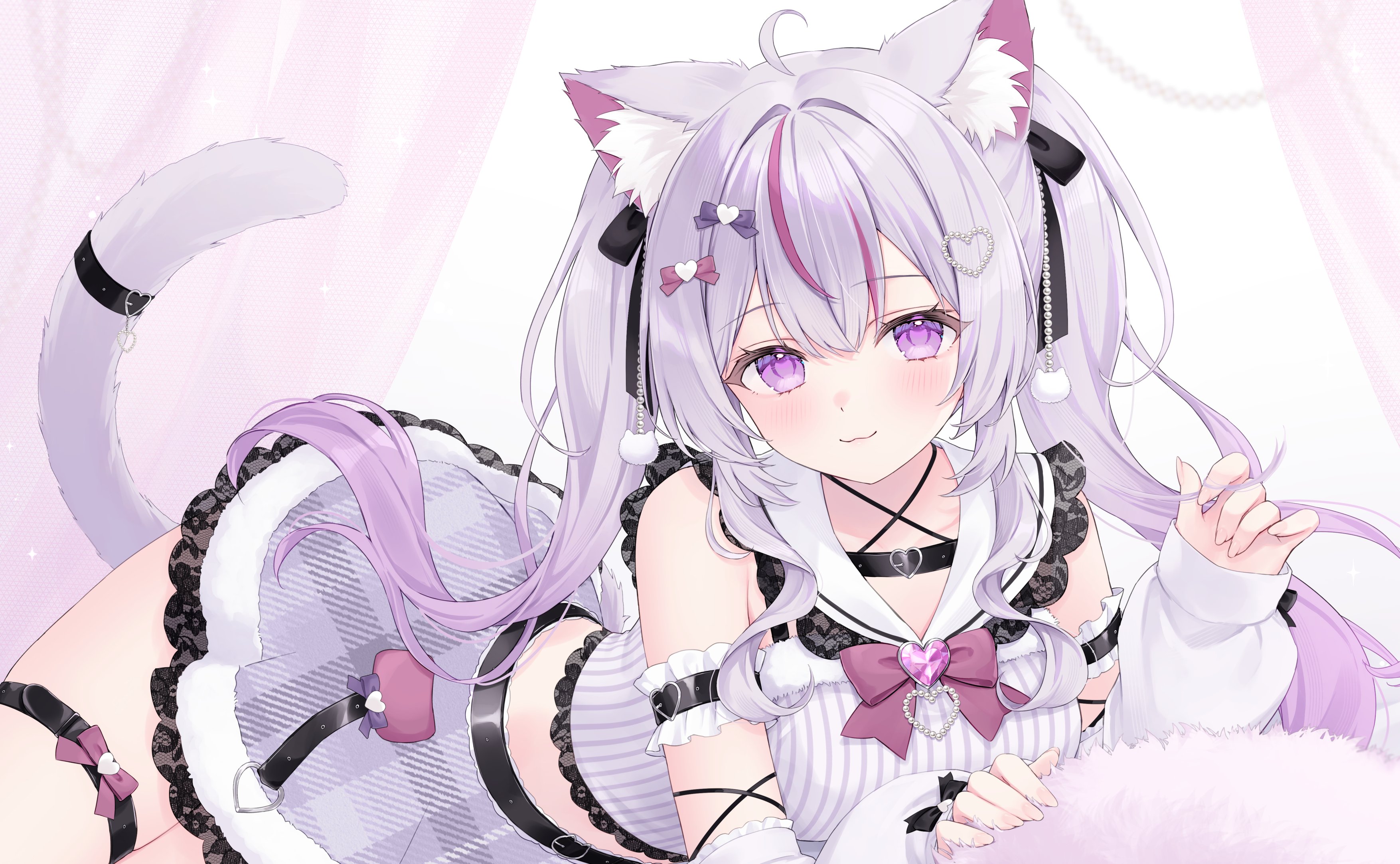shano hiyori, original, absurdres, commission, highres, skeb commission, 1girl, :3, ahoge, animal ears, arm garter, bare shoulders, bow, bowtie, cat ears, cat girl, cat tail, closed mouth, crop top, gradient hair, grey hair, grey skirt, hair bow, hair ribbon, heart, long hair, looking at viewer, midriff, multicolored hair, purple hair, ribbon, sailor collar, shirt, skirt, sleeveless, sleeveless shirt, smile, solo, streaked hair, striped clothes, striped shirt, tail, twintails, very long hair, white shirt