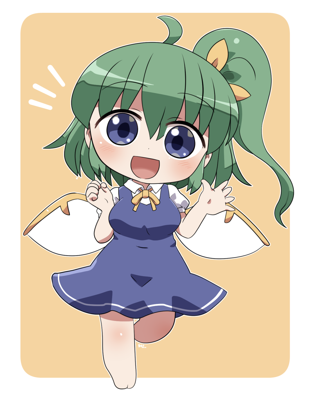 rokugou daisuke, daiyousei, touhou, commentary, highres, 1girl, :d, ahoge, barefoot, blue dress, blue eyes, blush, border, breasts, chibi, chibi only, collared shirt, dot nose, dress, fairy wings, full body, green hair, hair between eyes, hair ribbon, hands up, long hair, looking at viewer, neck ribbon, notice lines, open mouth, outline, outside border, pinafore dress, ribbon, shirt, short sleeves, side ponytail, signature, simple background, sleeveless, sleeveless dress, smile, solo, standing, standing on one leg, waving, white border, white outline, white shirt, wings, yellow background, yellow ribbon