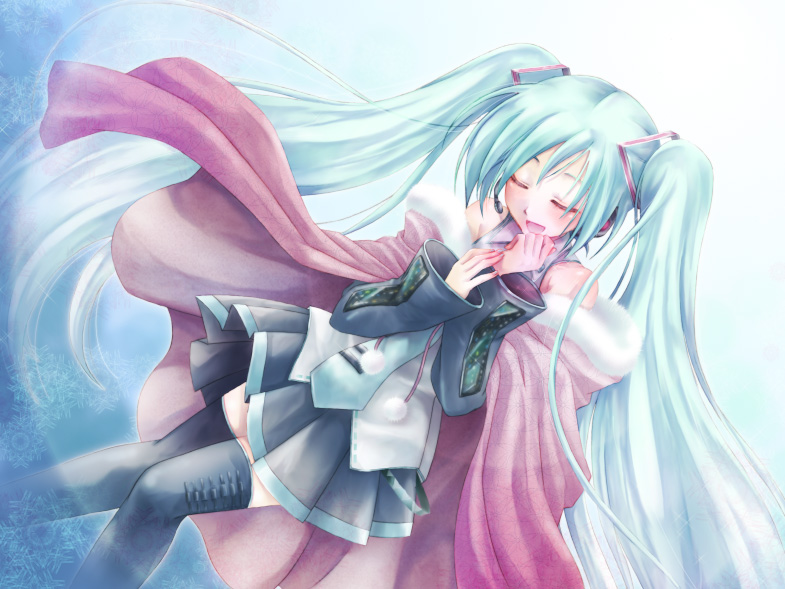 ichika asatsuki, hatsune miku, vocaloid, bad id, bad pixiv id, blue hair, cape, closed eyes, detached sleeves, headset, long hair, necktie, skirt, solo, thighhighs, twintails, very long hair