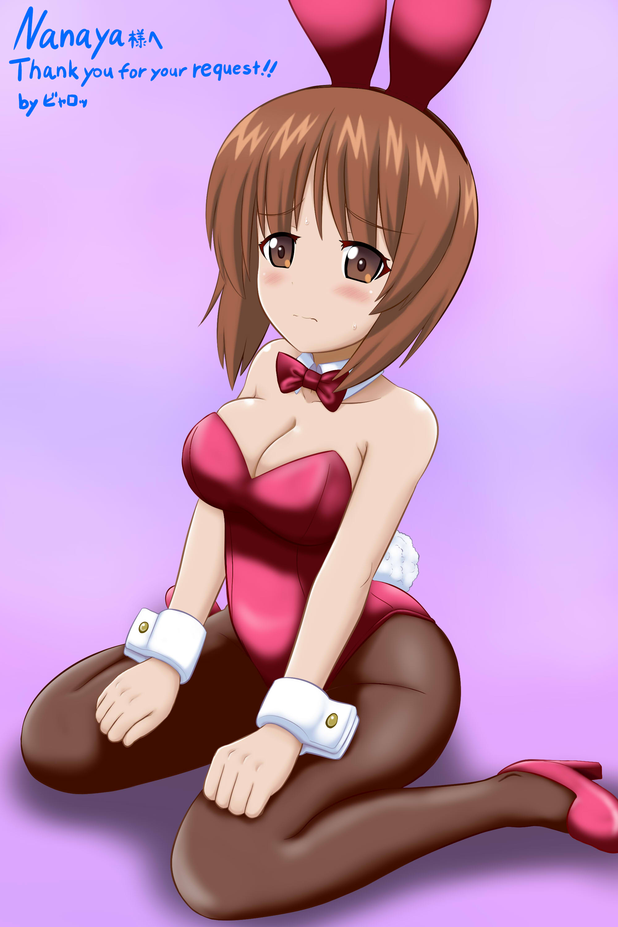 megi2009, nishizumi miho, girls und panzer, absurdres, commission, highres, 1girl, animal ear hairband, animal ears, bow, bowtie, breasts, brown eyes, brown hair, brown pantyhose, cleavage, detached collar, fake animal ears, full body, hairband, high heels, leotard, medium breasts, pantyhose, playboy bunny, rabbit ears, rabbit tail, red bow, red bowtie, red leotard, red shoes, shoes, short hair, sitting, solo, strapless, strapless leotard, tail, wariza, wrist cuffs